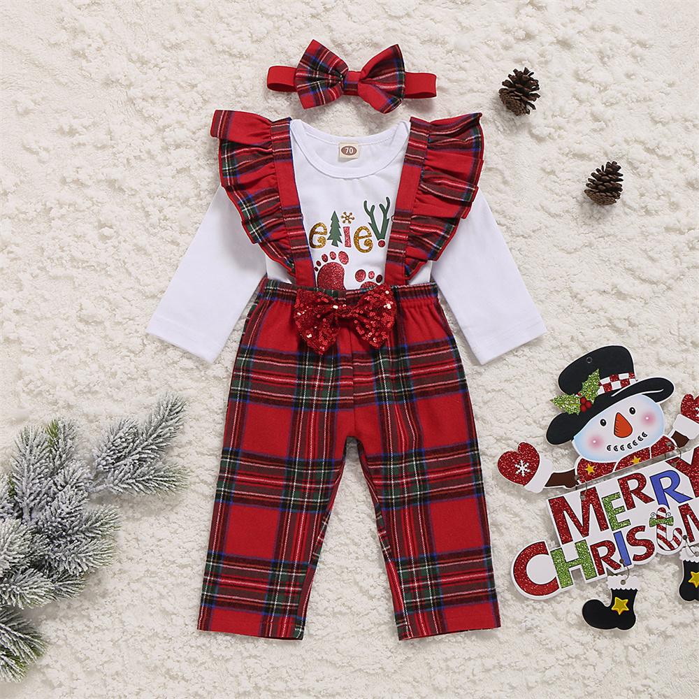 Baby Girls Long Sleeve Letter Printed Romper & Plaid Jumpsuit & Headband Wholesale Baby Clothes