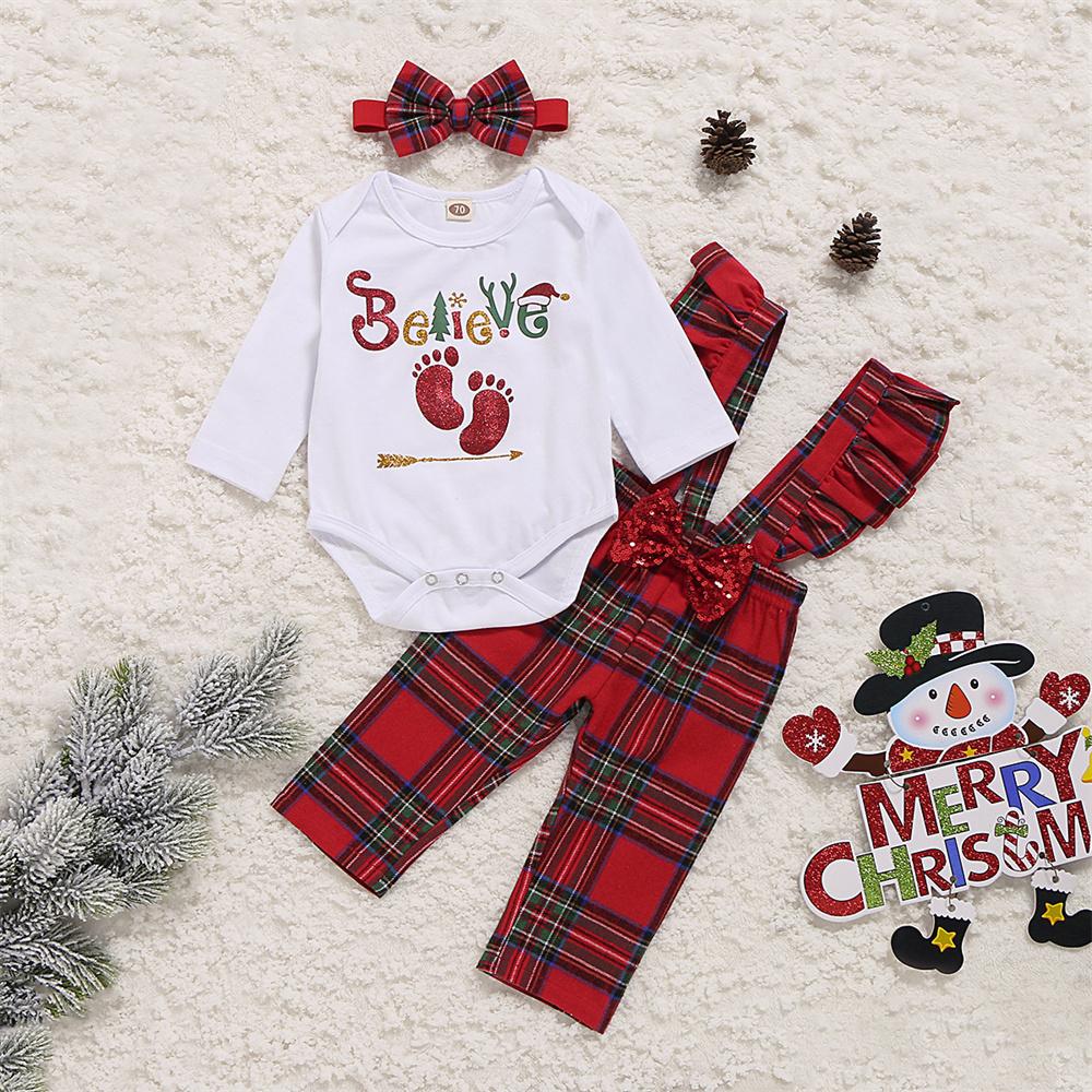 Baby Girls Long Sleeve Letter Printed Romper & Plaid Jumpsuit & Headband Wholesale Baby Clothes