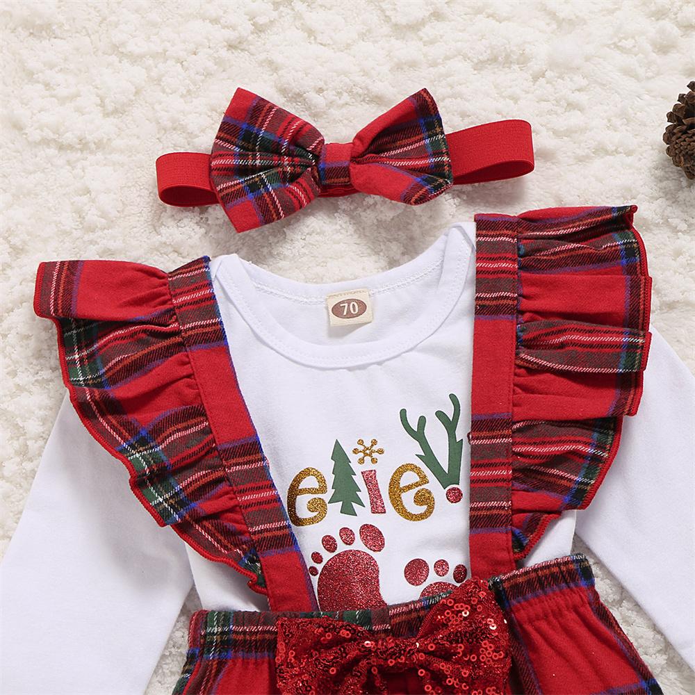 Baby Girls Long Sleeve Letter Printed Romper & Plaid Jumpsuit & Headband Wholesale Baby Clothes