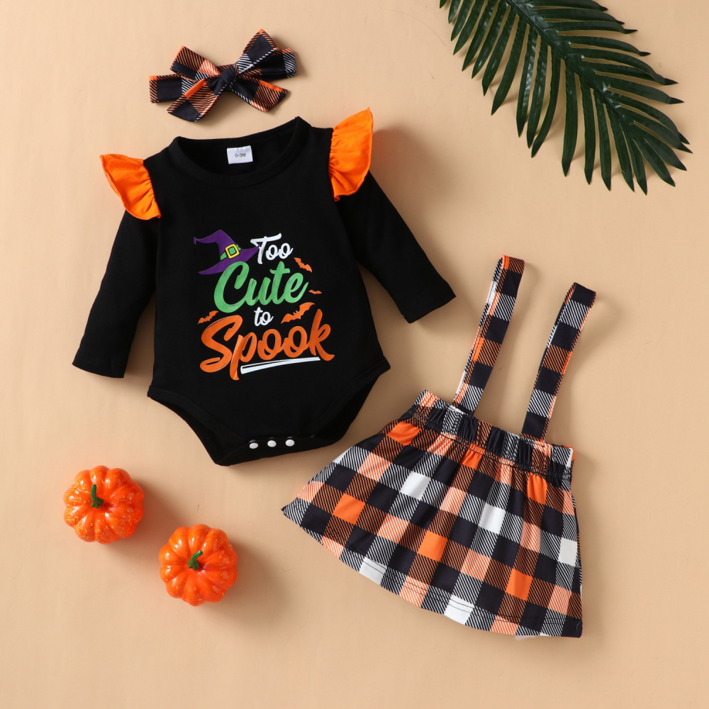 Baby Girls Long Sleeve Letter Printed Romper & Plaid Suspender Skirt & Headband wholesale baby