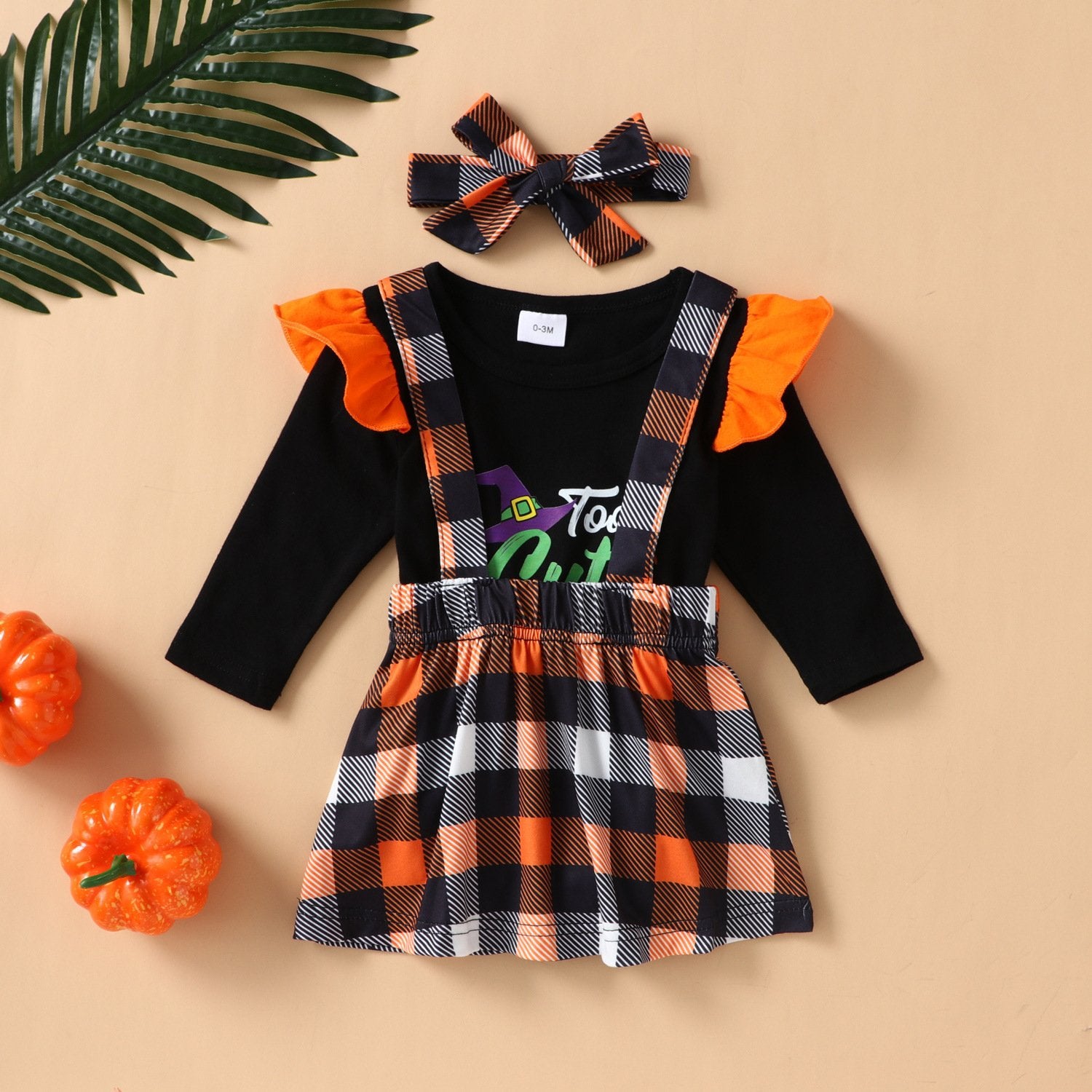 Baby Girls Long Sleeve Letter Printed Romper & Plaid Suspender Skirt & Headband wholesale baby