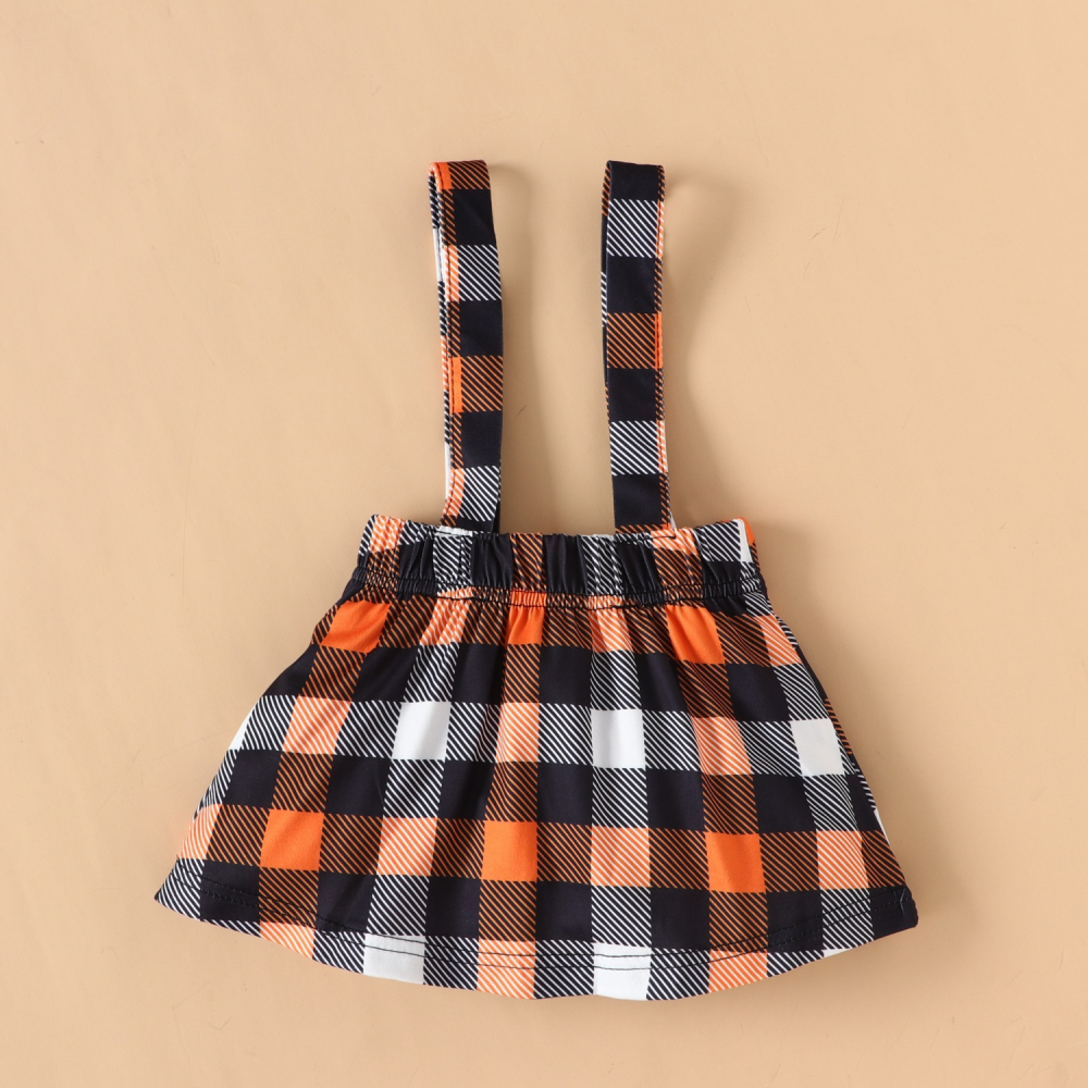 Baby Girls Long Sleeve Letter Printed Romper & Plaid Suspender Skirt & Headband wholesale baby