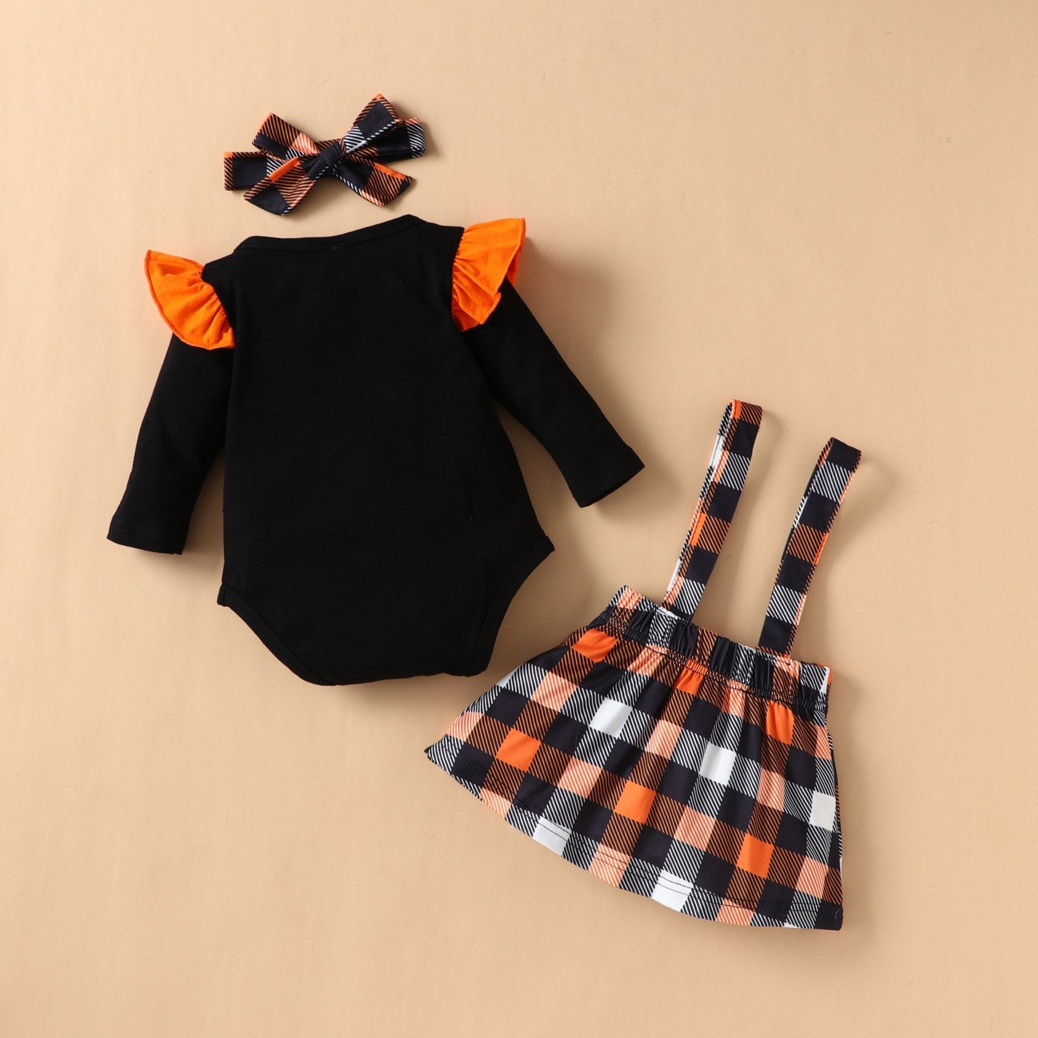 Baby Girls Long Sleeve Letter Printed Romper & Plaid Suspender Skirt & Headband wholesale baby