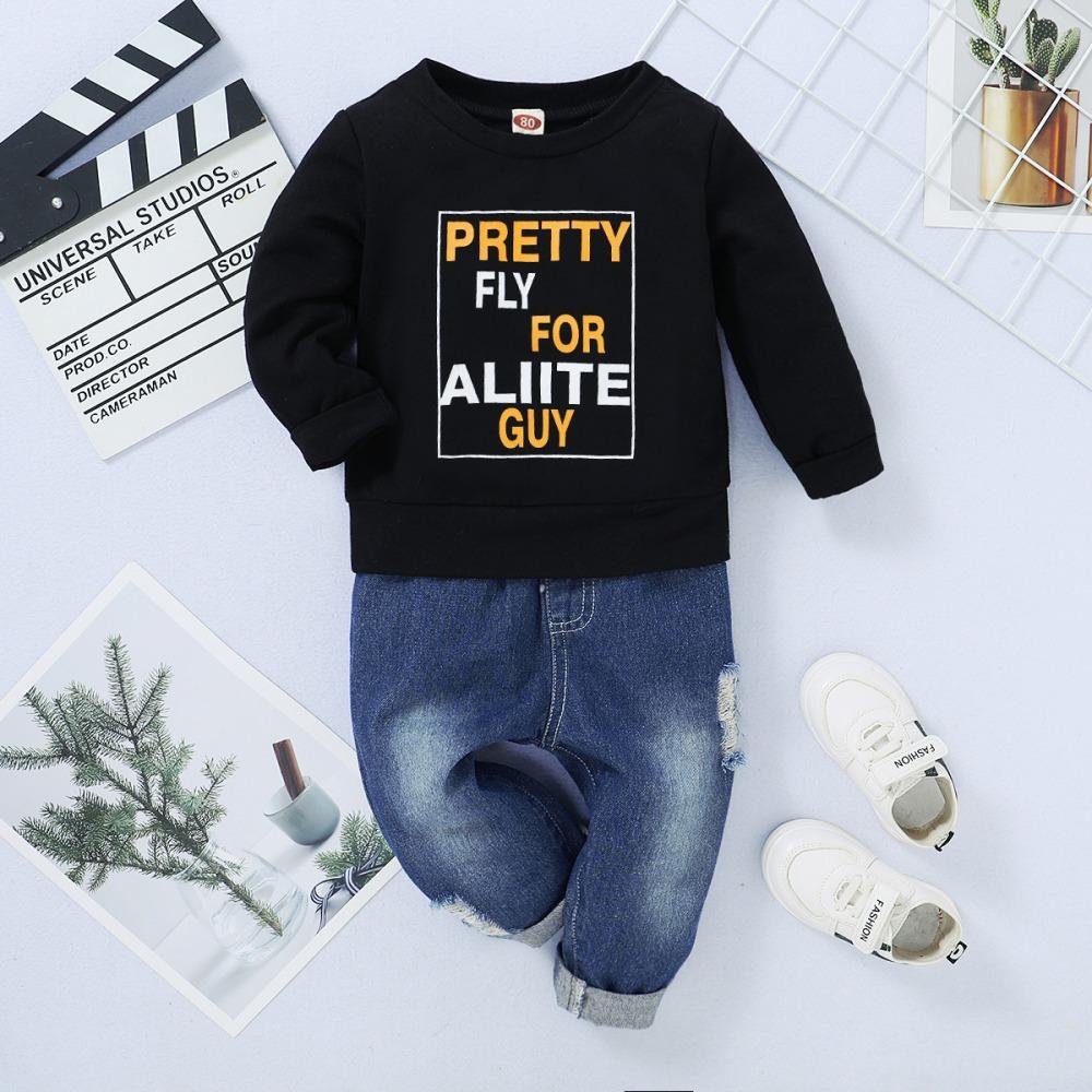 Boys Long Sleeve Letter Printed T-shirt & Jeans wholesale boys clothing