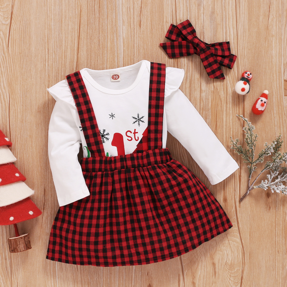 Baby Girls Long Sleeve Letter Romper & Suspender Skirt & Headband Baby Clothing Cheap Wholesale