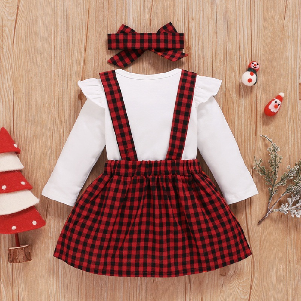 Baby Girls Long Sleeve Letter Romper & Suspender Skirt & Headband Baby Clothing Cheap Wholesale