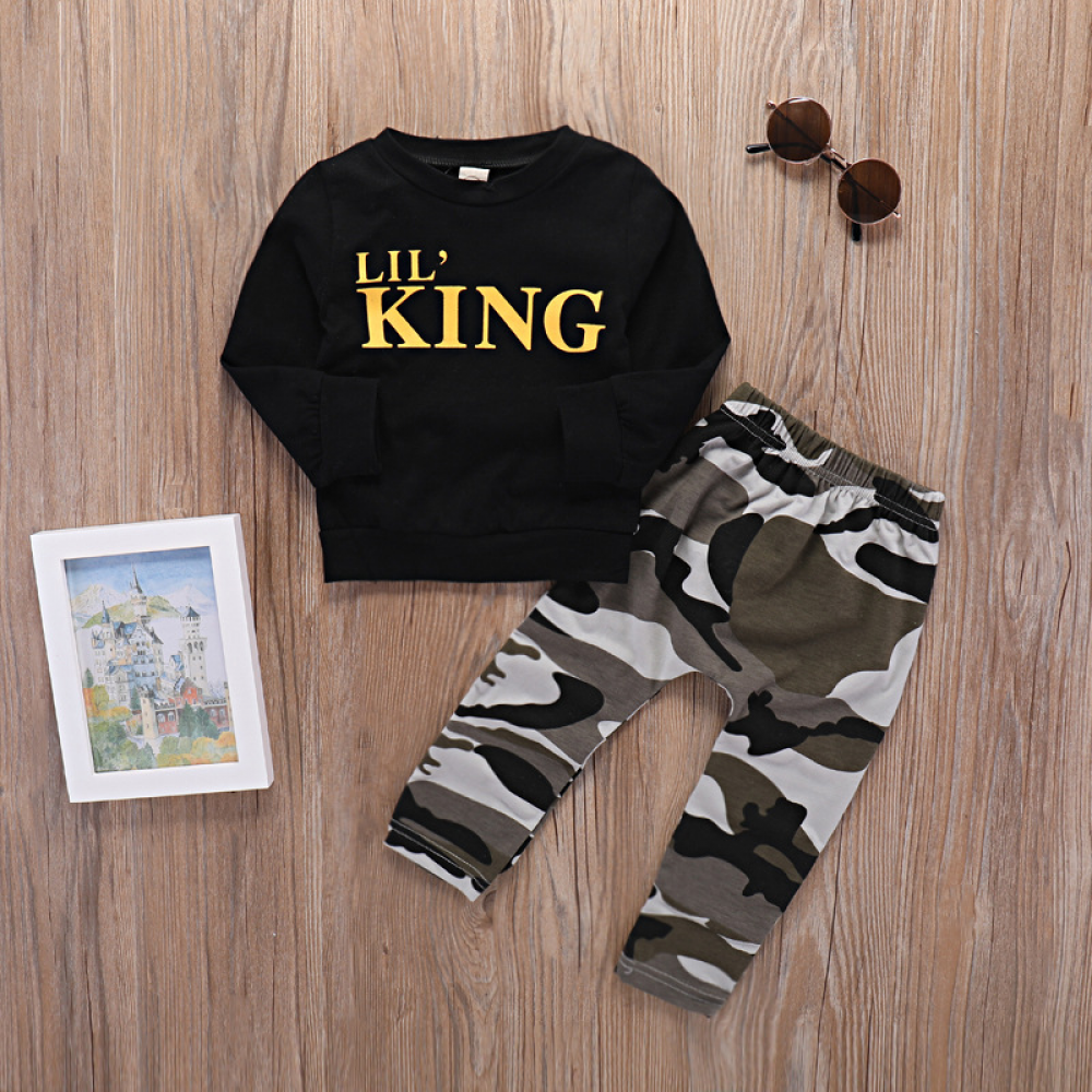 Boys Long Sleeve Letter Top & Camouflage Pants Wholesale Kids Clothing