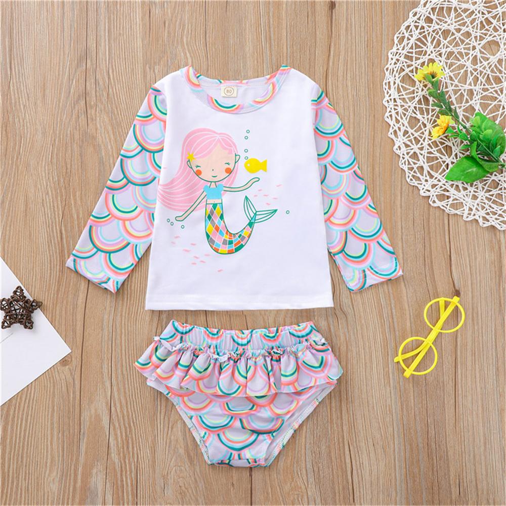 Girls Long Sleeve Mermaid Printed Top & Shorts 2 Piece Swimsuit With Shorts