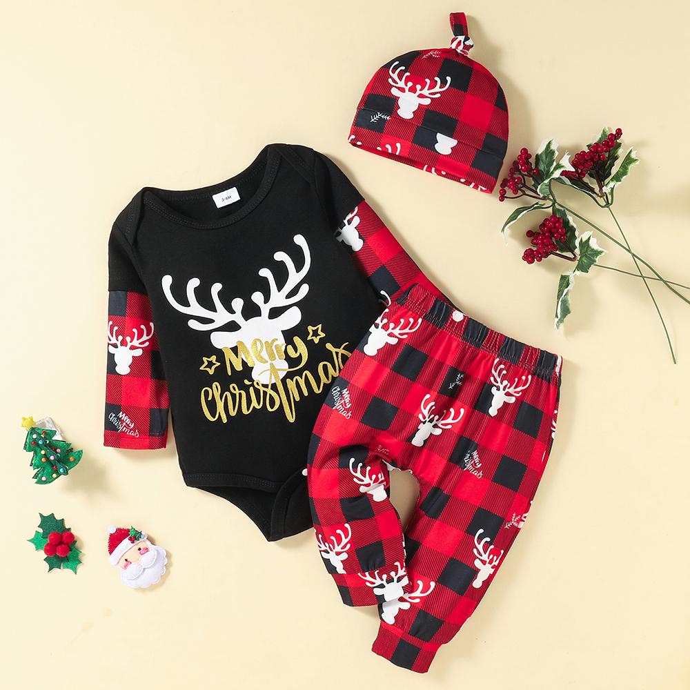 Baby Boys Long Sleeve Plaid Christmas Letter Romper & Pants & Hat baby wholesale clothing