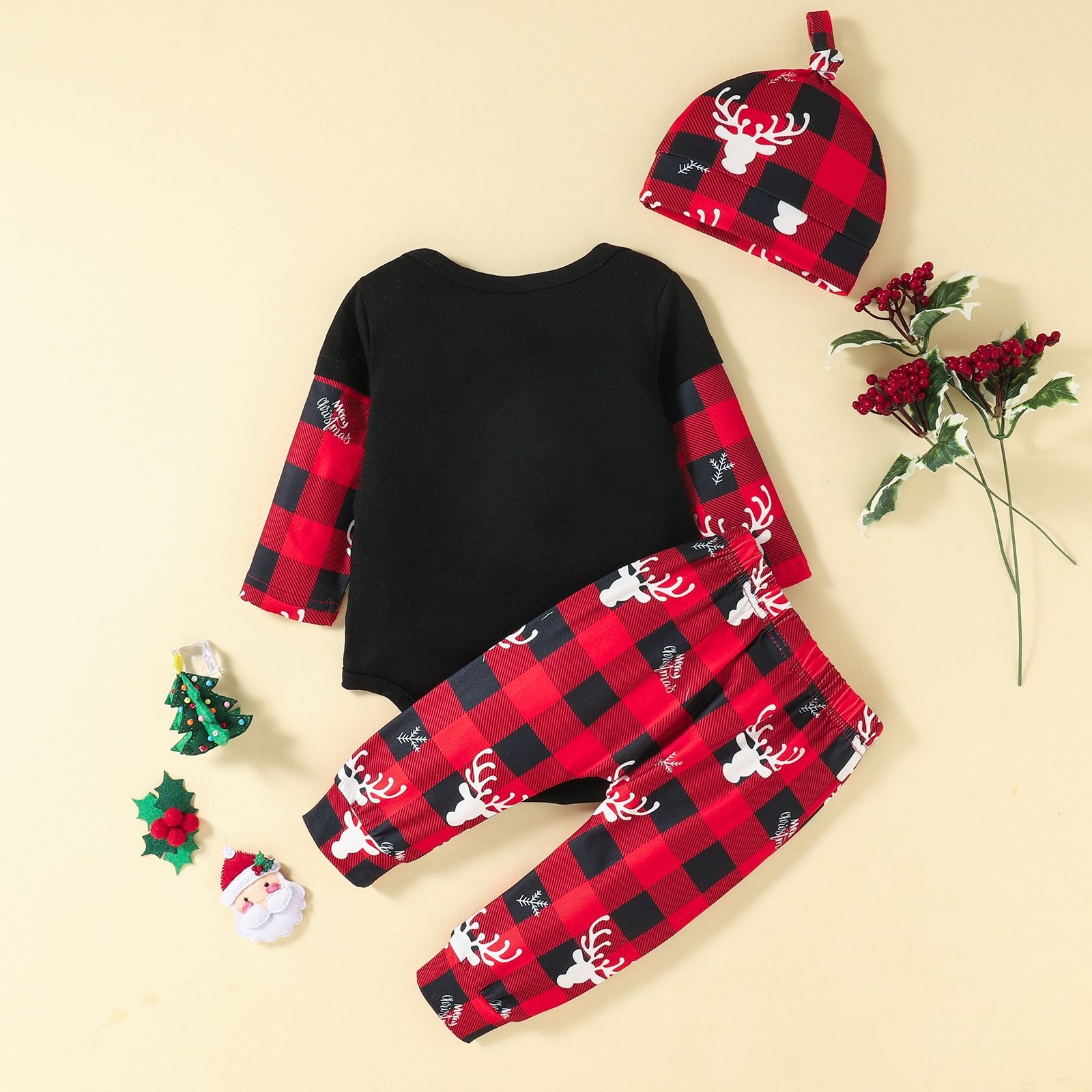 Baby Boys Long Sleeve Plaid Christmas Letter Romper & Pants & Hat baby wholesale clothing