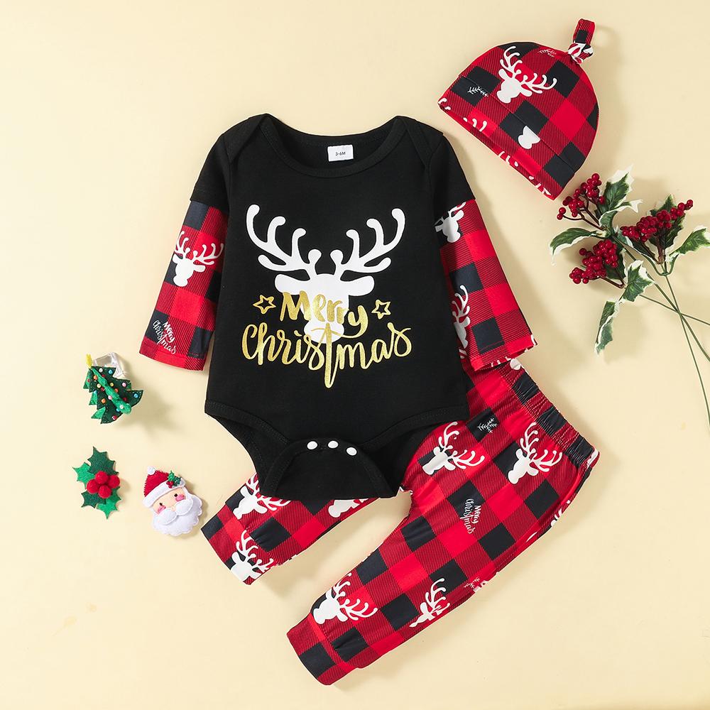 Baby Boys Long Sleeve Plaid Christmas Letter Romper & Pants & Hat baby wholesale clothing