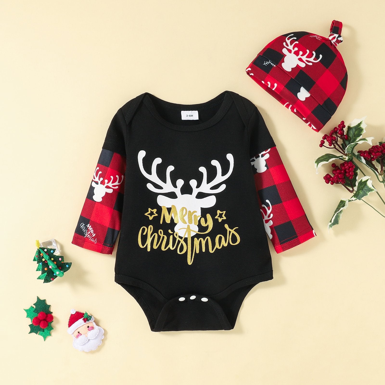 Baby Boys Long Sleeve Plaid Christmas Letter Romper & Pants & Hat baby wholesale clothing