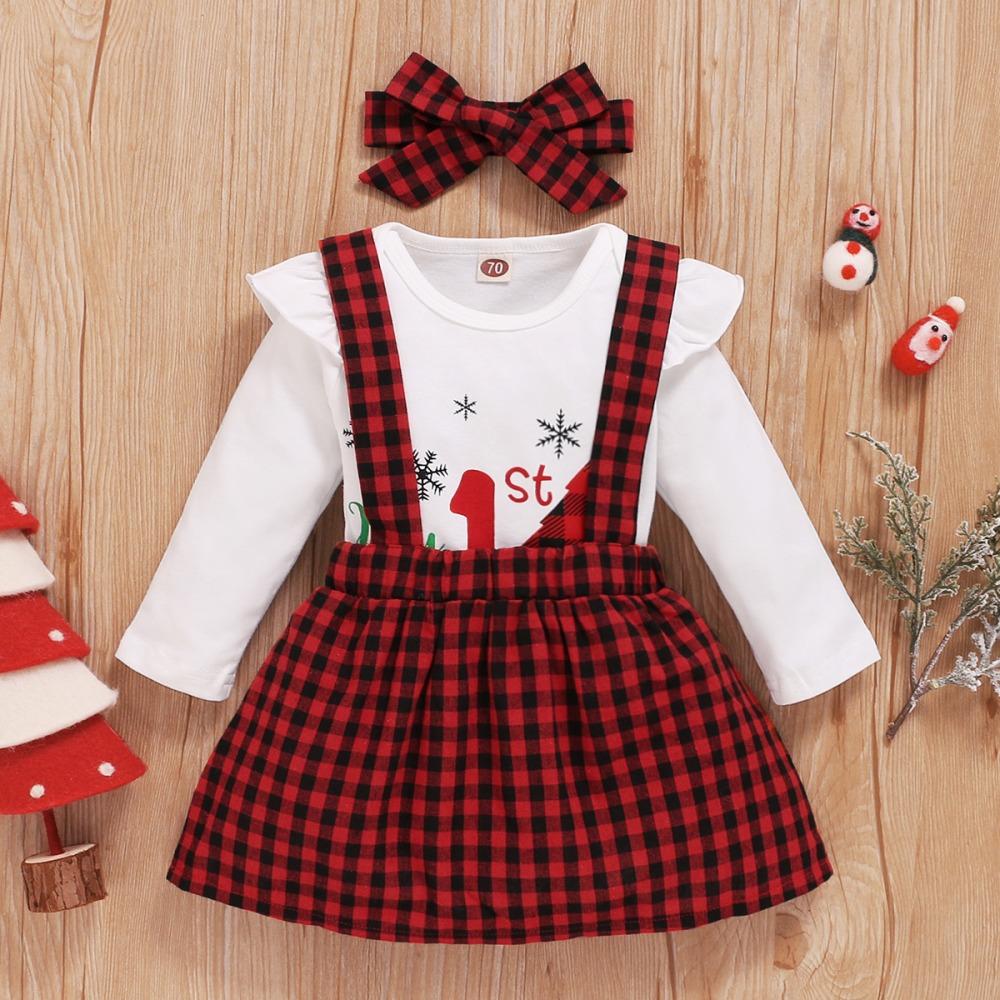 Baby Girls Long Sleeve Plaid Letter Printed Romper & Suspender Skirt & Headband cheap baby clothes wholesale