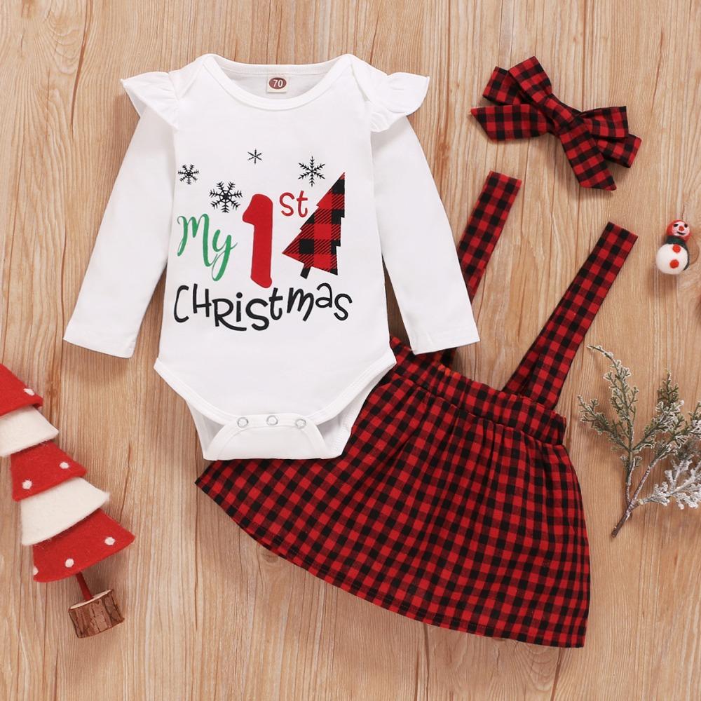 Baby Girls Long Sleeve Plaid Letter Printed Romper & Suspender Skirt & Headband cheap baby clothes wholesale