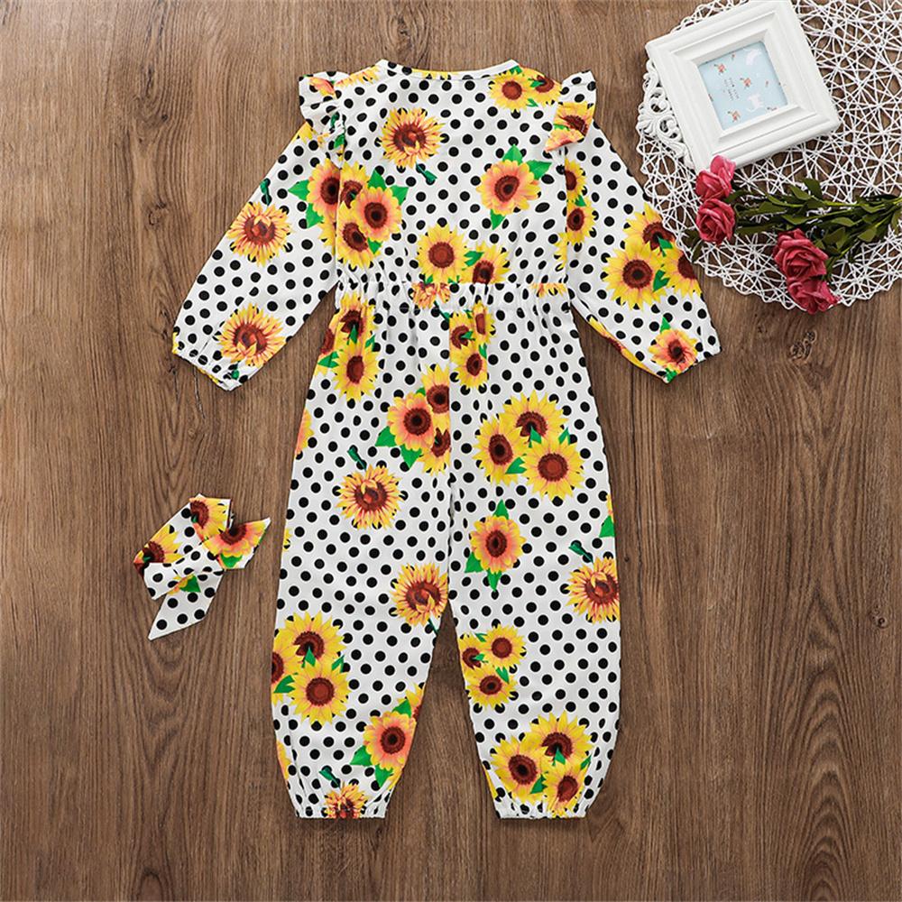 Girls Long Sleeve Polka Dot Floral Printed Jumpsuit & Headband wholesale kids clothing