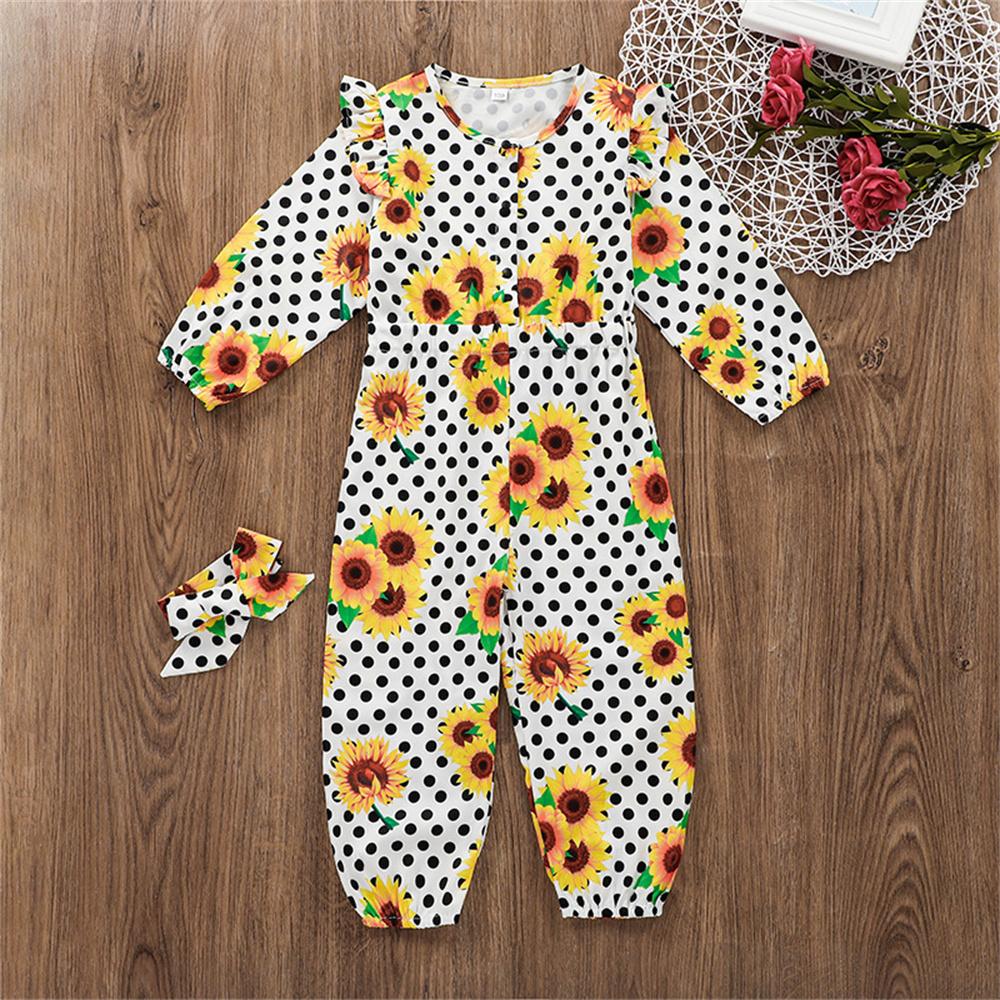 Girls Long Sleeve Polka Dot Floral Printed Jumpsuit & Headband wholesale kids clothing