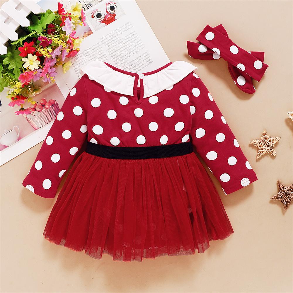 Baby Girls Long Sleeve Polka Dot Mesh Dress & Headband Wholesale Baby Clothes