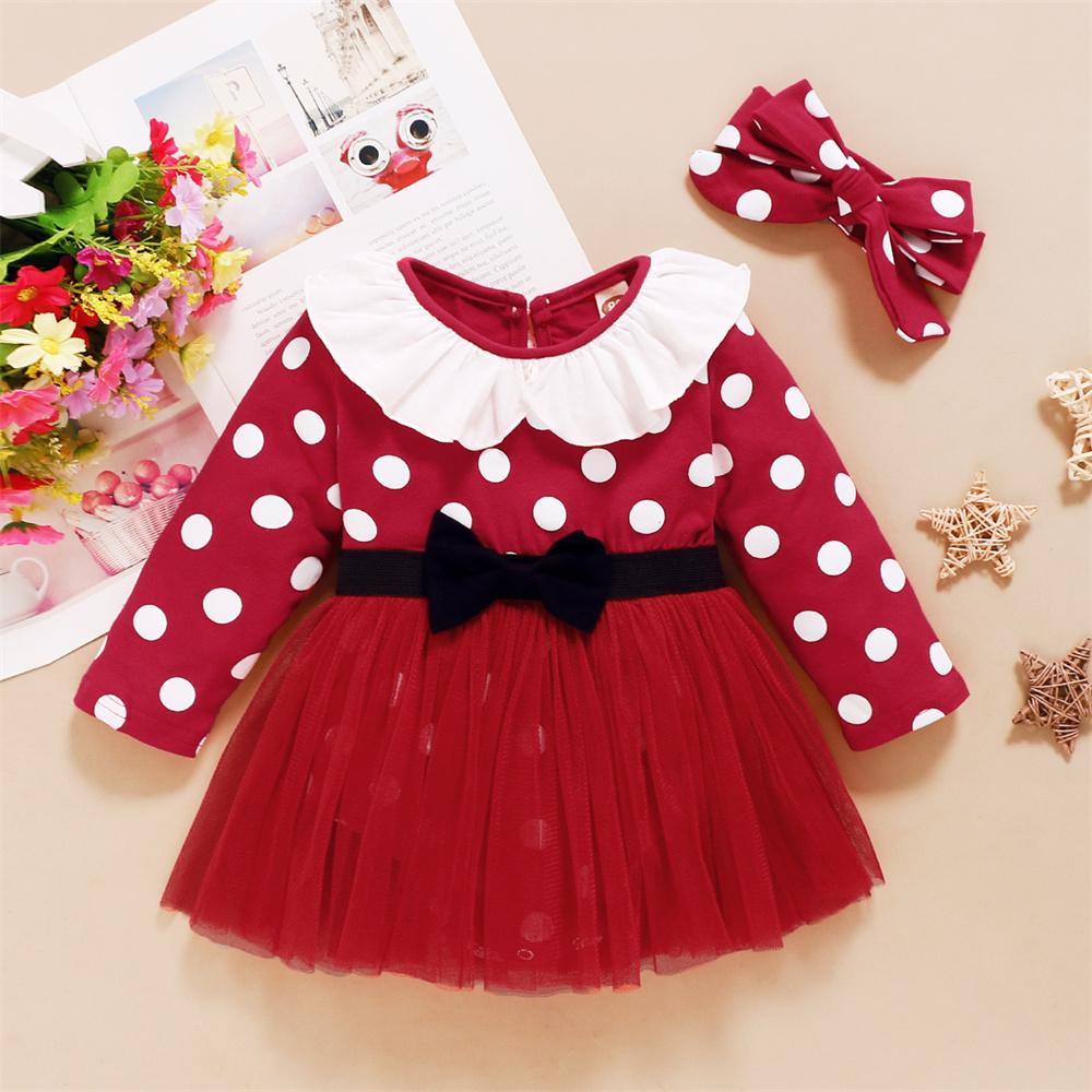 Baby Girls Long Sleeve Polka Dot Mesh Dress & Headband Wholesale Baby Clothes