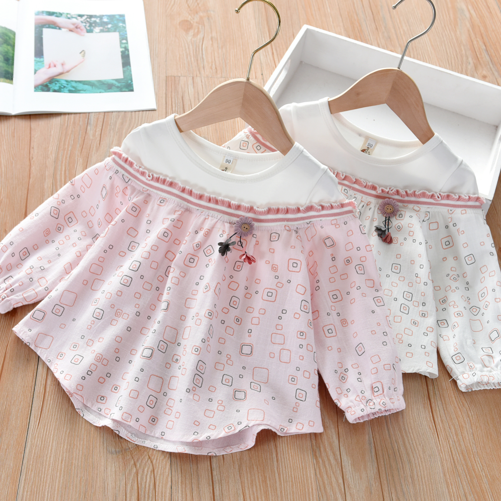 Girls Long Sleeve Printed Splicing Top Wholesale Kids Clothing Suppliers