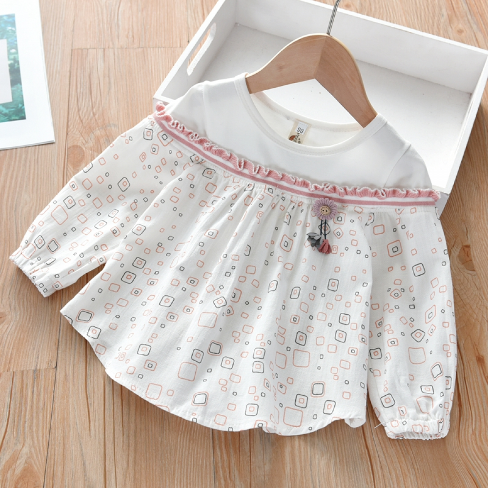 Girls Long Sleeve Printed Splicing Top Wholesale Kids Clothing Suppliers