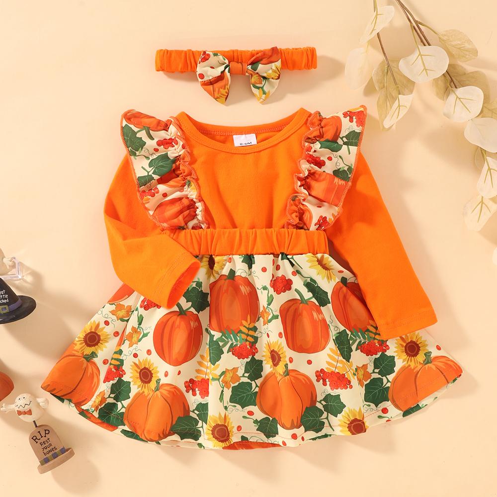Baby Girls Long Sleeve Pumpkin Dress & Headband Wholesale Baby Clothes