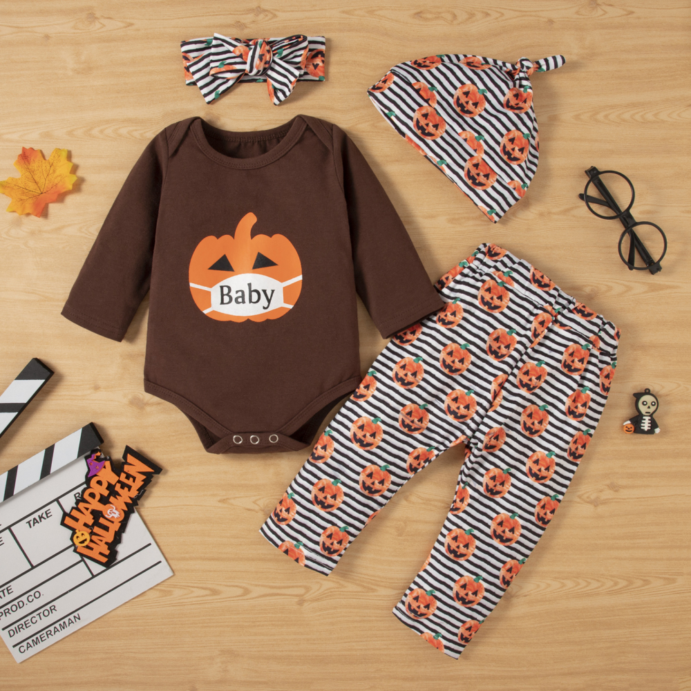 Baby Long Sleeve Pumpkin Letter Printed Striped Romper & Pants & Hat & Headband baby clothing wholesale