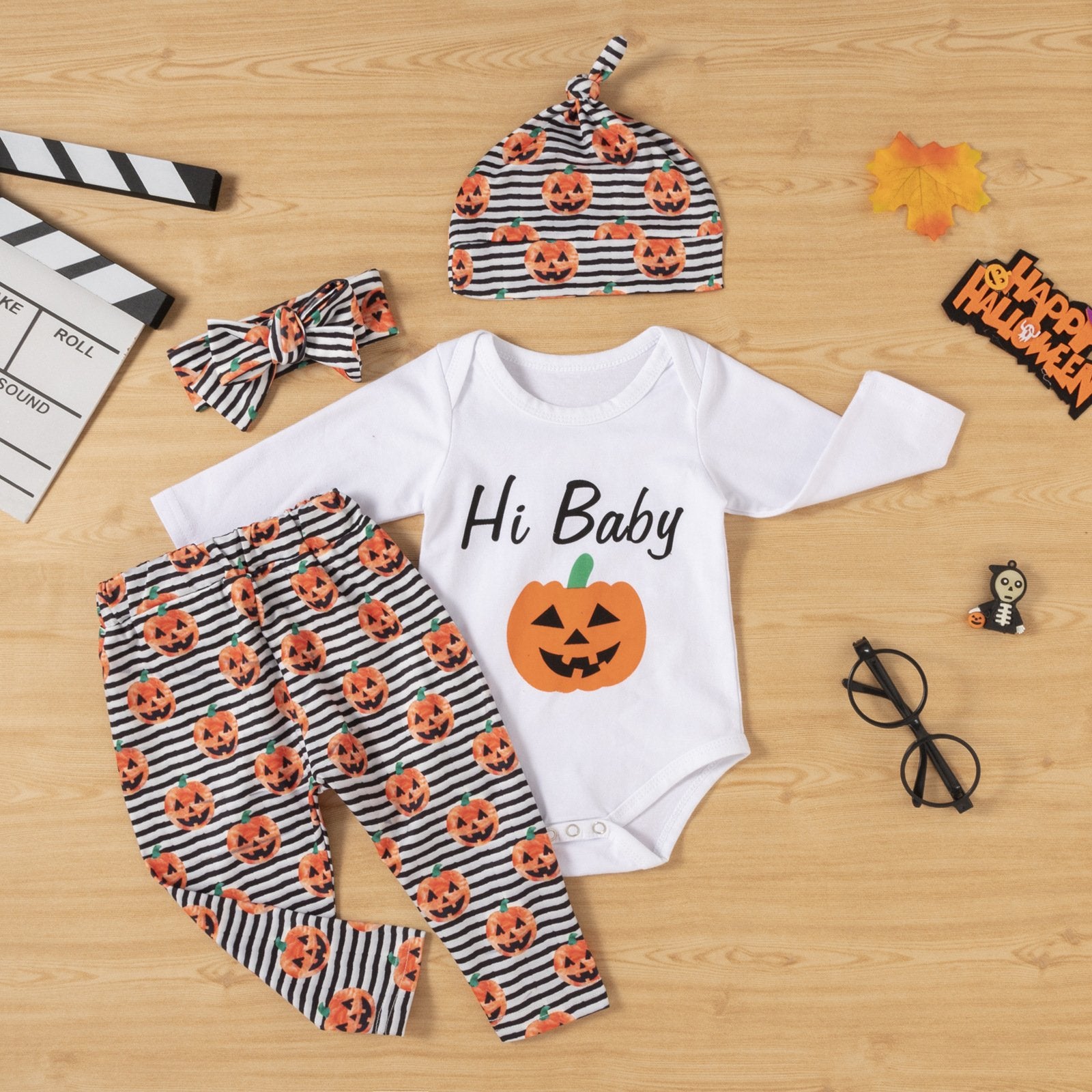 Baby Long Sleeve Pumpkin Letter Printed Striped Romper & Pants & Hat & Headband baby clothing wholesale