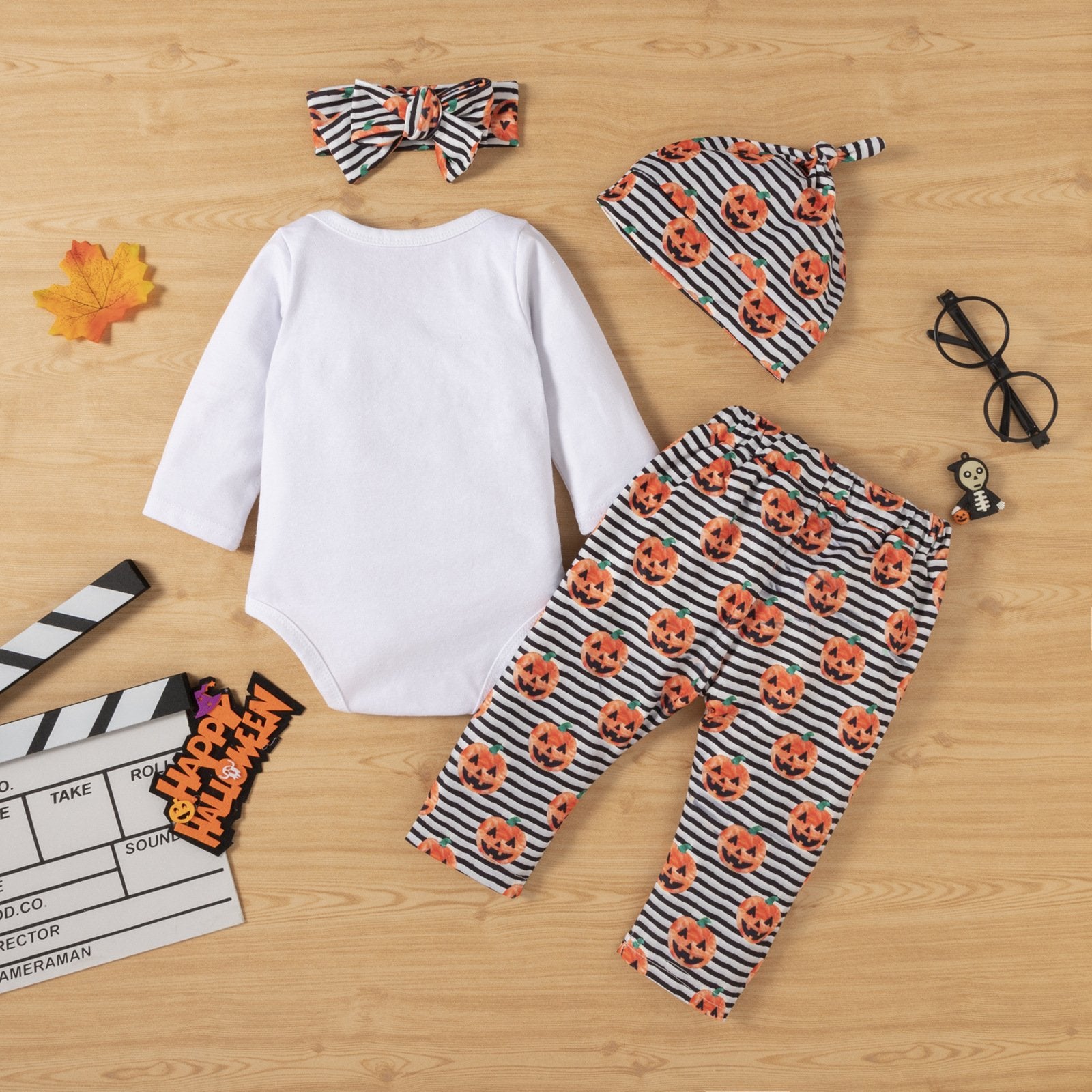 Baby Long Sleeve Pumpkin Letter Printed Striped Romper & Pants & Hat & Headband baby clothing wholesale