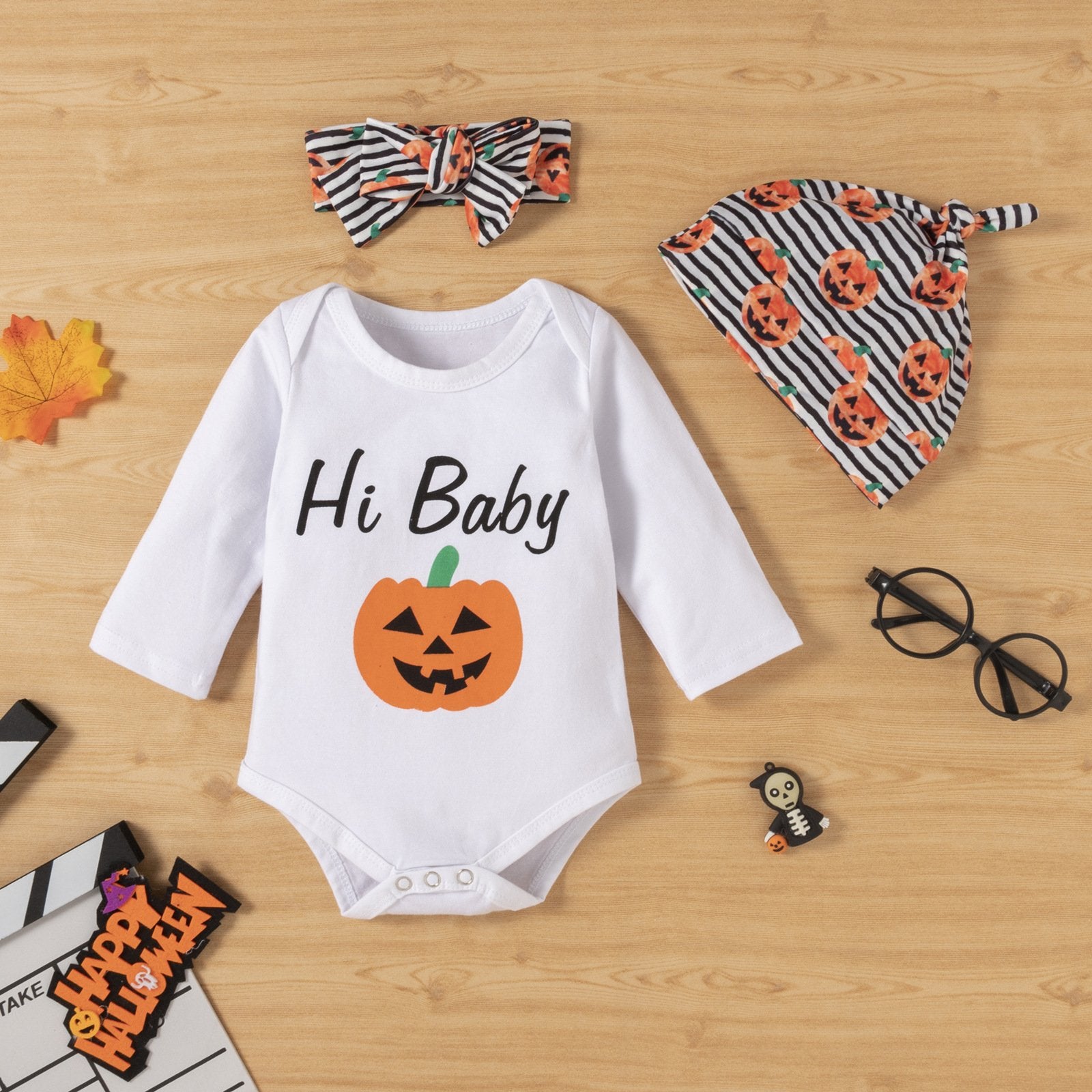 Baby Long Sleeve Pumpkin Letter Printed Striped Romper & Pants & Hat & Headband baby clothing wholesale