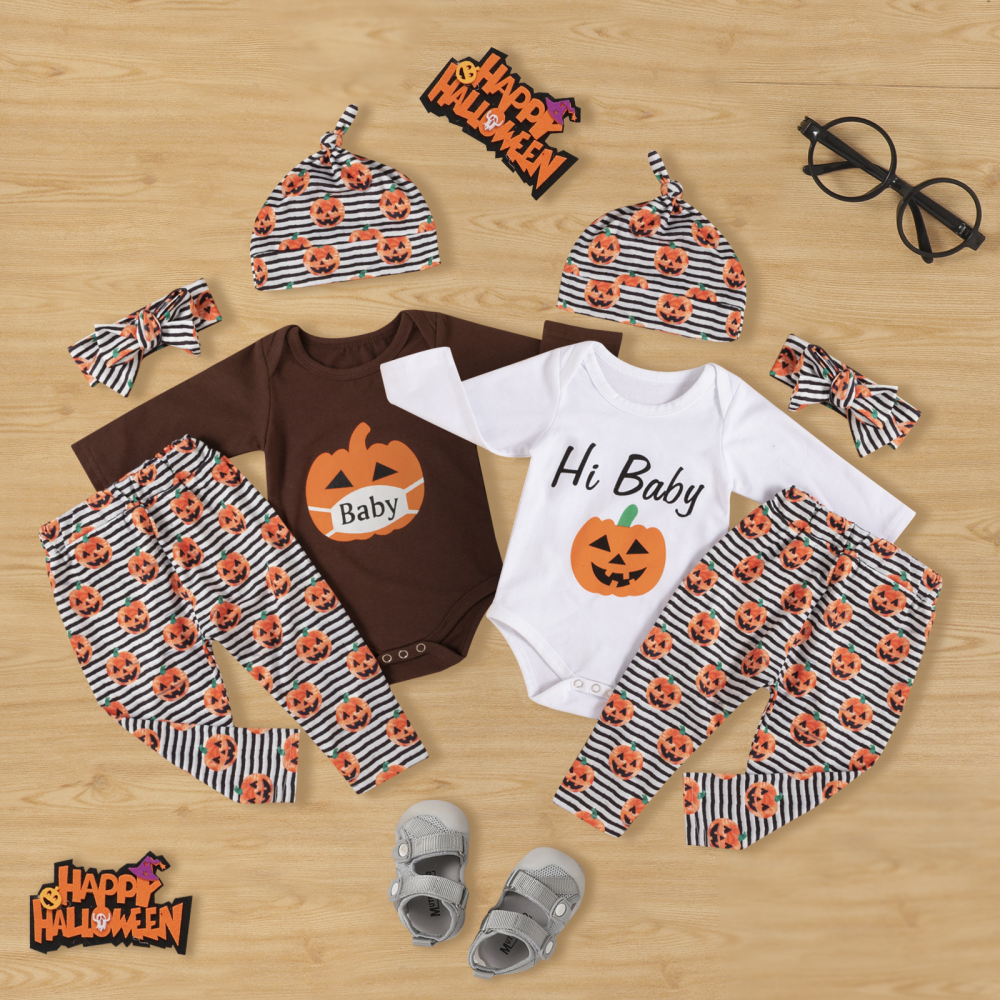 Baby Long Sleeve Pumpkin Letter Printed Striped Romper & Pants & Hat & Headband baby clothing wholesale