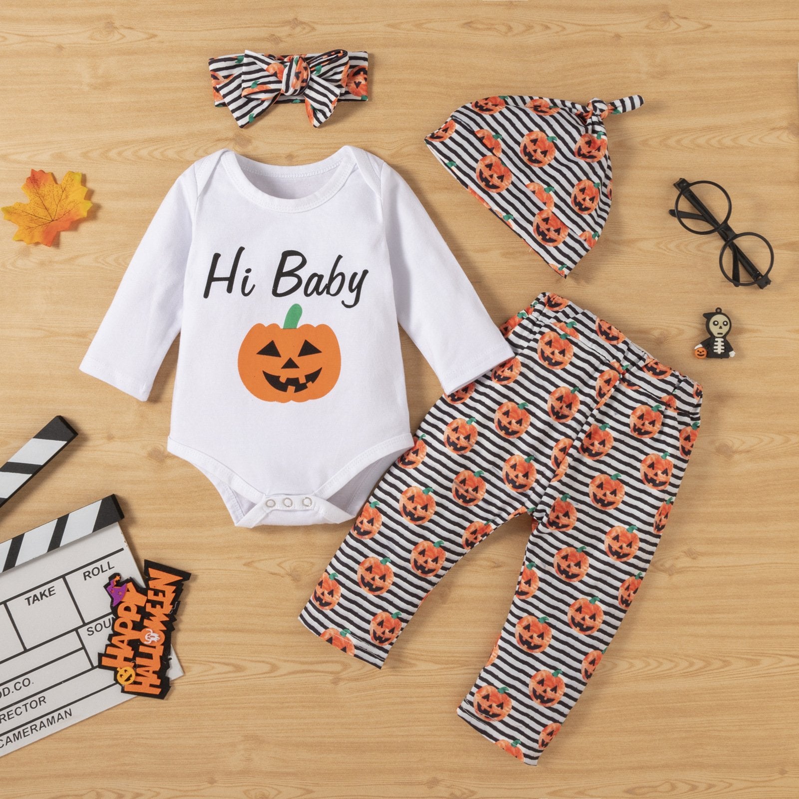 Baby Long Sleeve Pumpkin Letter Printed Striped Romper & Pants & Hat & Headband baby clothing wholesale