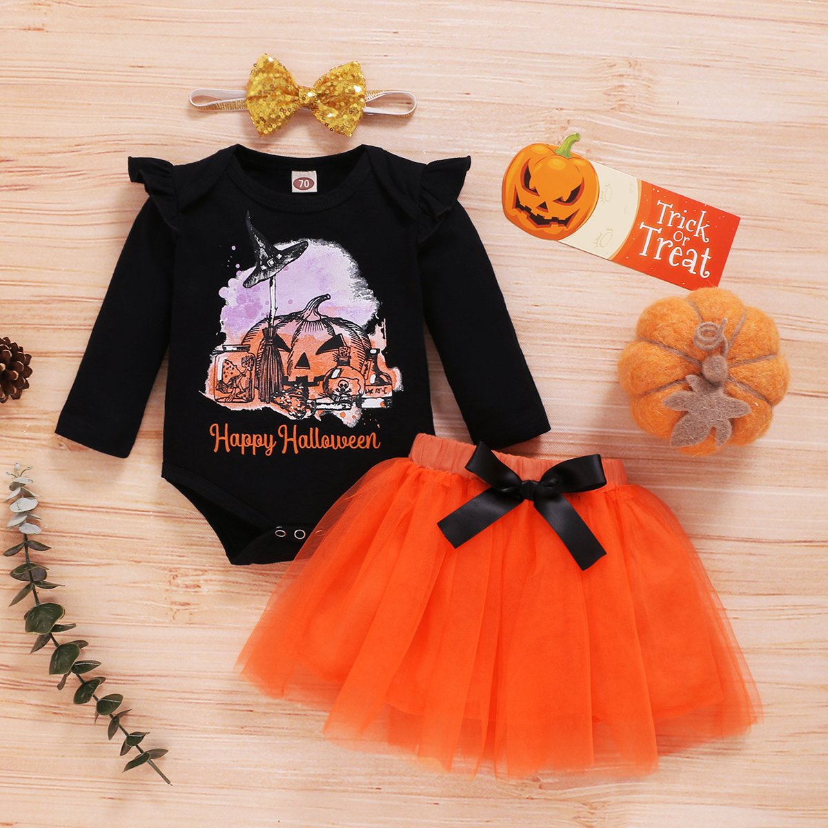 Baby Girls Long Sleeve Pumpkin Romper & Skirt & Headband baby clothes vendor