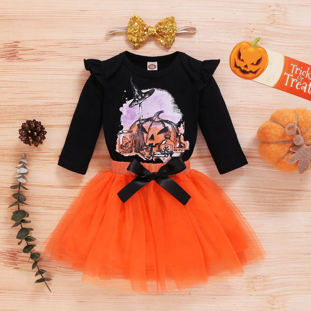 Baby Girls Long Sleeve Pumpkin Romper & Skirt & Headband baby clothes vendor