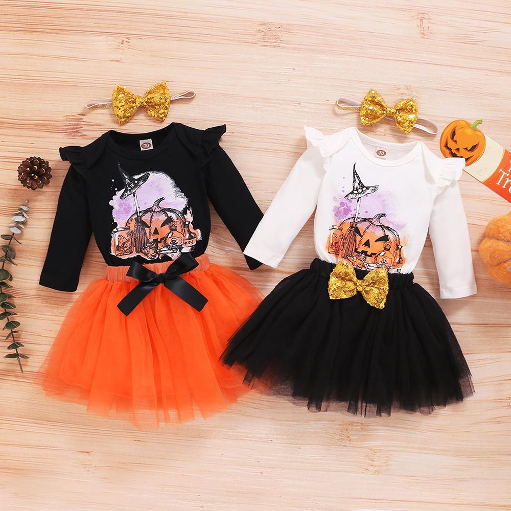 Baby Girls Long Sleeve Pumpkin Romper & Skirt & Headband baby clothes vendor