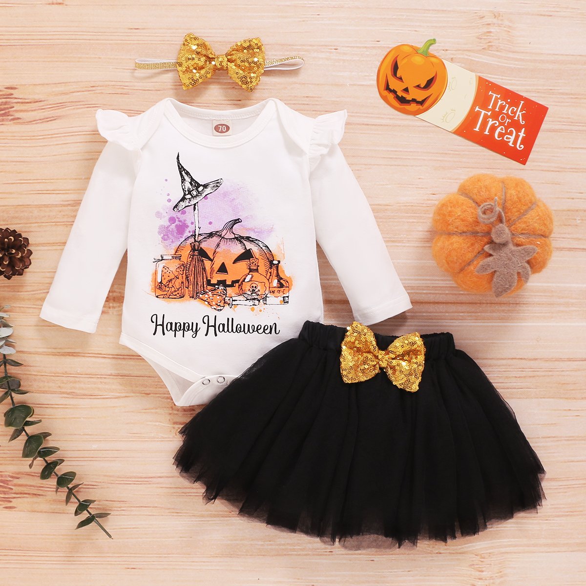 Baby Girls Long Sleeve Pumpkin Romper & Skirt & Headband baby clothes vendor