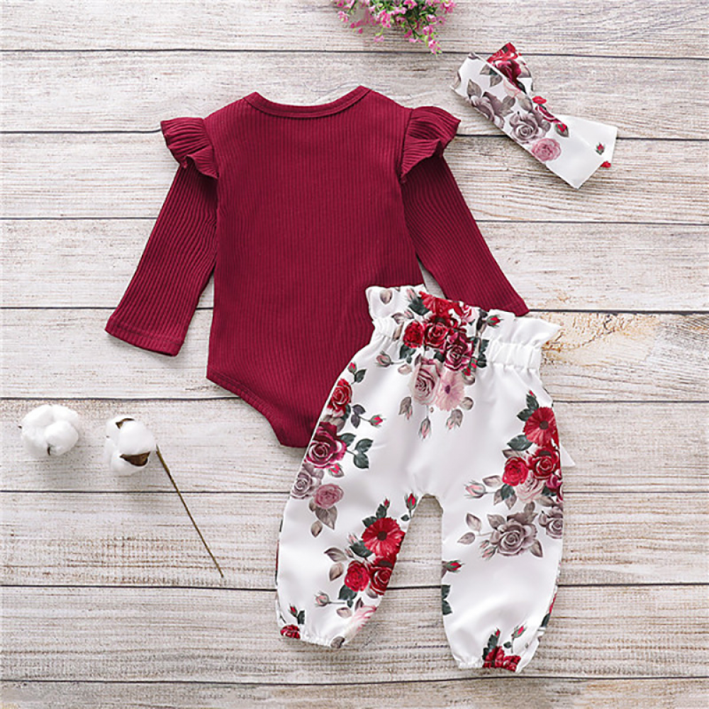 Baby Girls Long Sleeve Romper & Floral Pants & Headband baby wholesale clothing