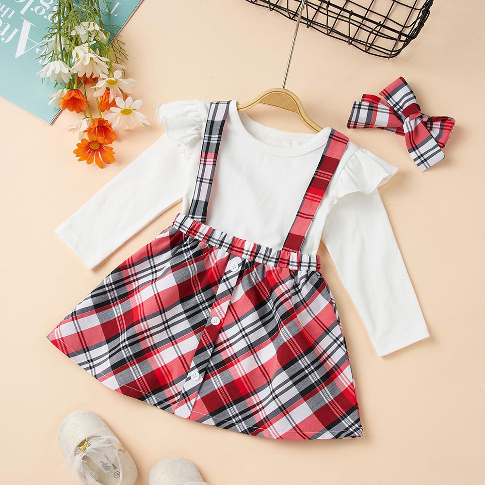 Baby Girls Long Sleeve Romper & Plaid Skirt & Headband wholesale baby
