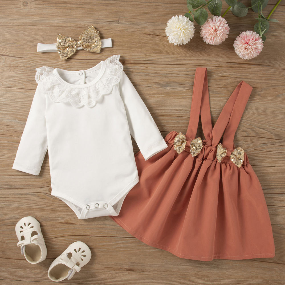 Baby Girls Long Sleeve Romper & Skirt & Headband Wholesale Baby Clothes
