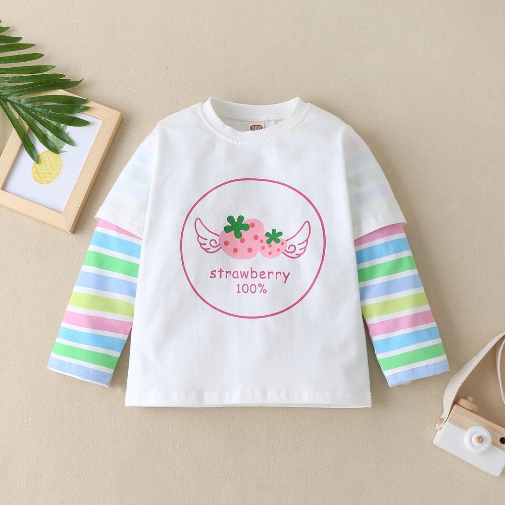 Girls Long Sleeve Strawberry Printed Striped T-shirt kids wholesale clothing