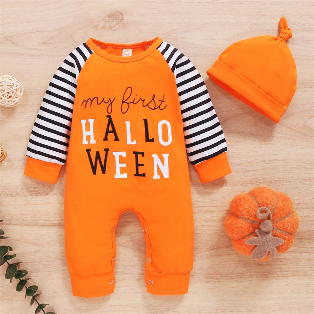 Baby Long Sleeve Striped Letter Printed Halloween Romper & Hat Wholesale Baby Clothes