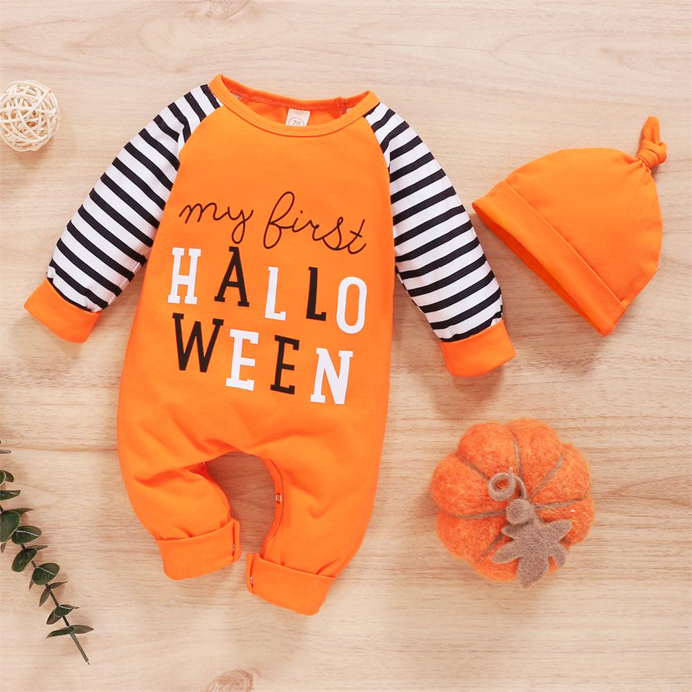 Baby Long Sleeve Striped Letter Printed Halloween Romper & Hat Wholesale Baby Clothes