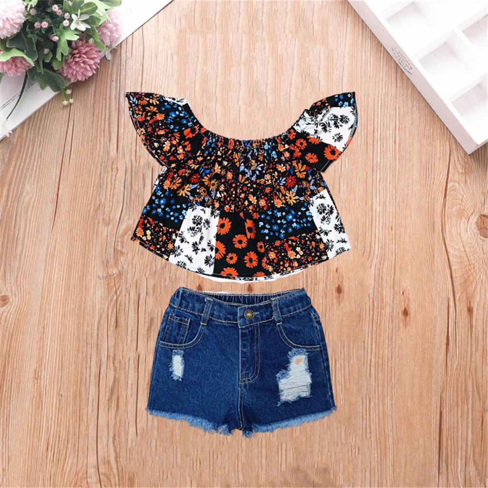 Girls  Lotus Floral Printed Sleeveless Top & Ripped Denim Shorts trendy kids wholesale clothing