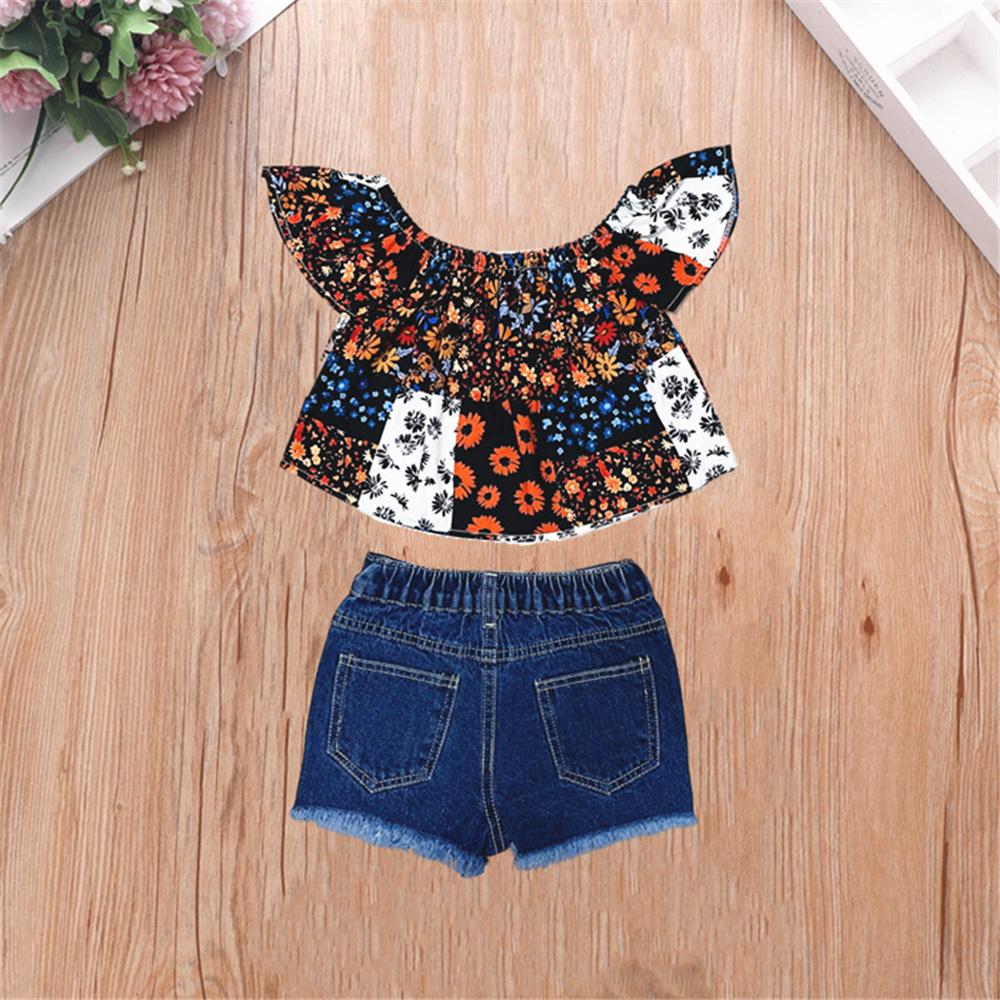 Girls  Lotus Floral Printed Sleeveless Top & Ripped Denim Shorts trendy kids wholesale clothing