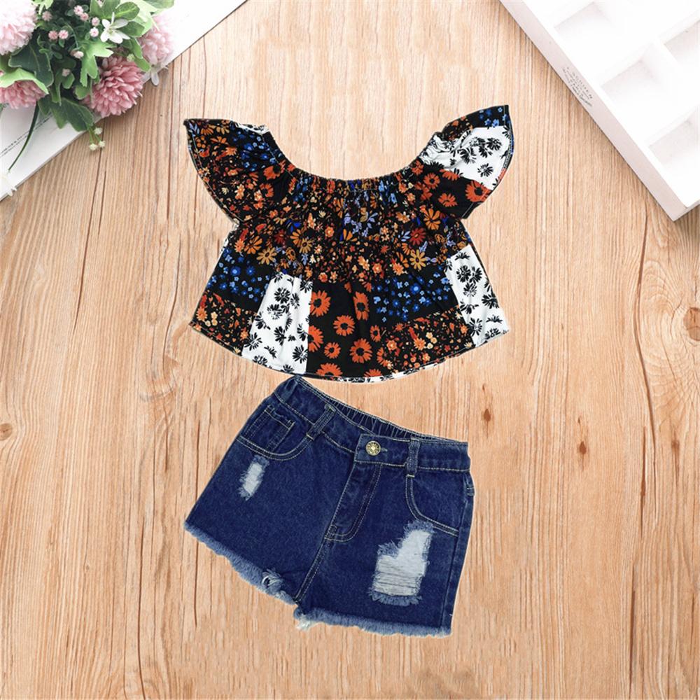 Girls  Lotus Floral Printed Sleeveless Top & Ripped Denim Shorts trendy kids wholesale clothing