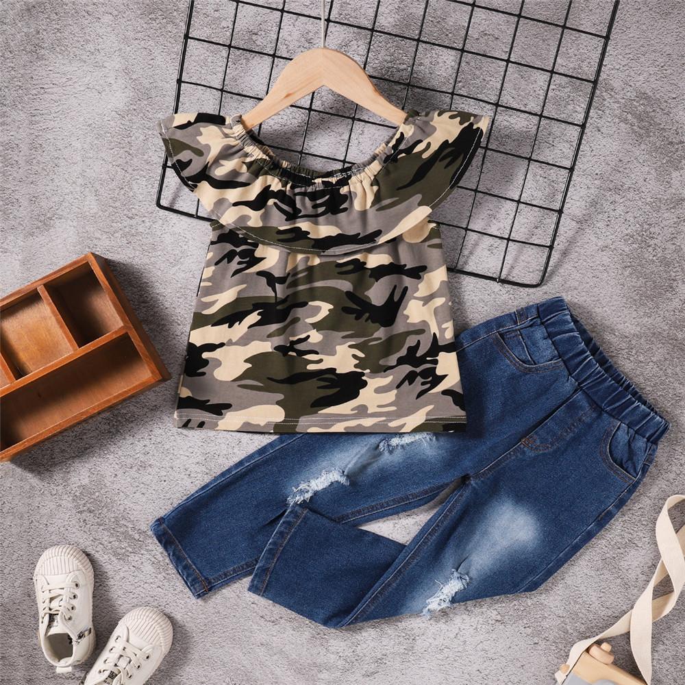 Girls Lotus Leaf Collar Camouflage Top & Ripped Jeans wholesale childrens clothing
