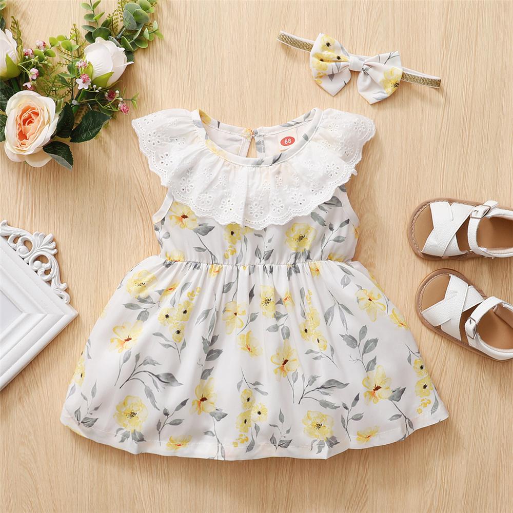 Baby Girls Lotus Leaf Collar Floral Printed Sleeveless Dress & Headband Baby Boutique Clothing Wholesale