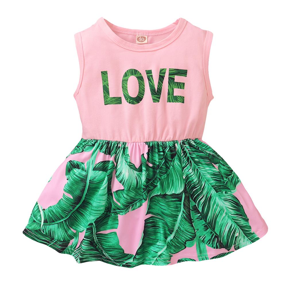 Girls Love Leaf Printed Sleeveless Princess Dress Wholesale Clothing For Girls