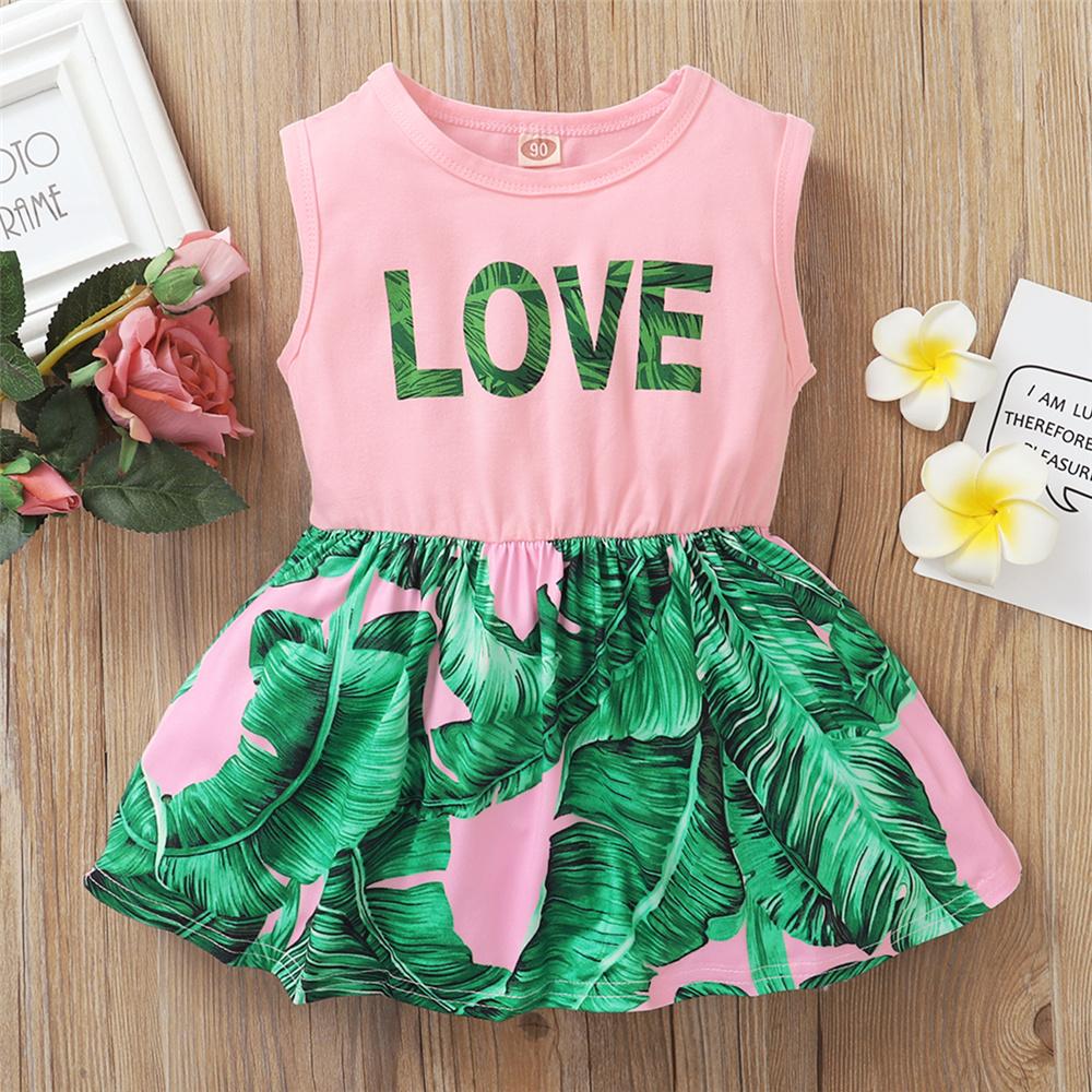 Girls Love Leaf Printed Sleeveless Princess Dress Wholesale Clothing For Girls