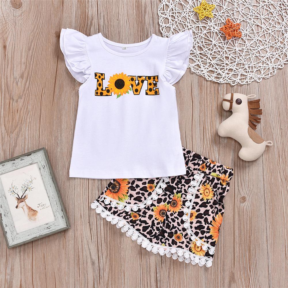 Girls Love Sunflower Printed Short Sleeve Tops & Leopard Shirts Kids Wear Wholesale
