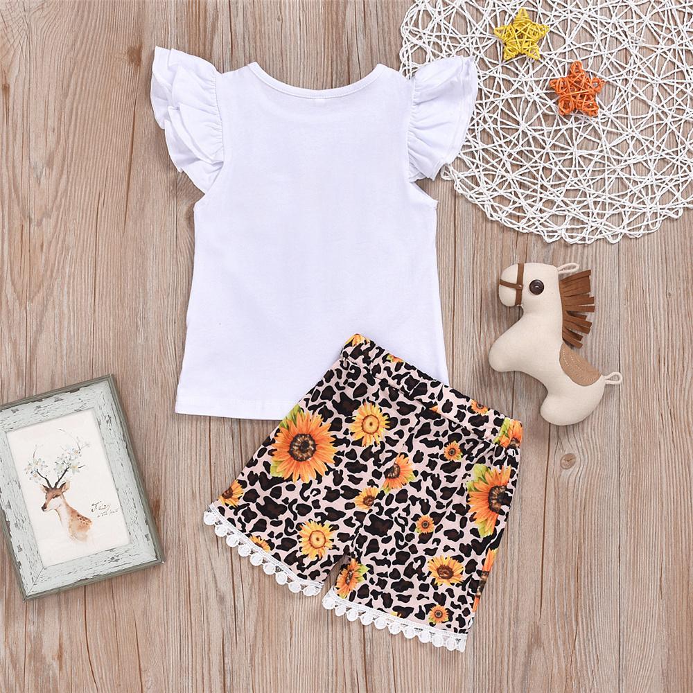 Girls Love Sunflower Printed Short Sleeve Tops & Leopard Shirts Kids Wear Wholesale